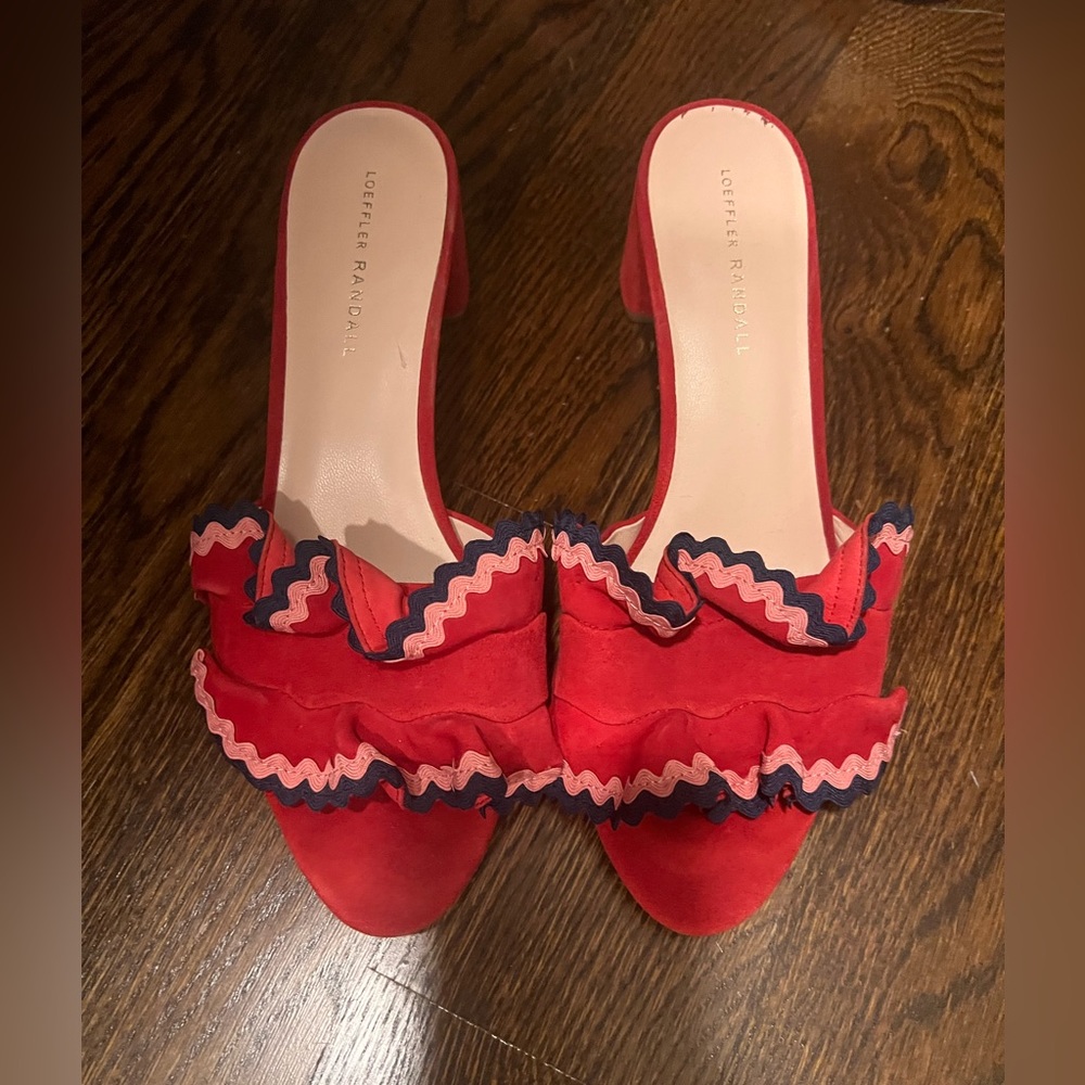 Loeffler Randall Red Suede Slides with 2 inch heel; great condition; size 10
